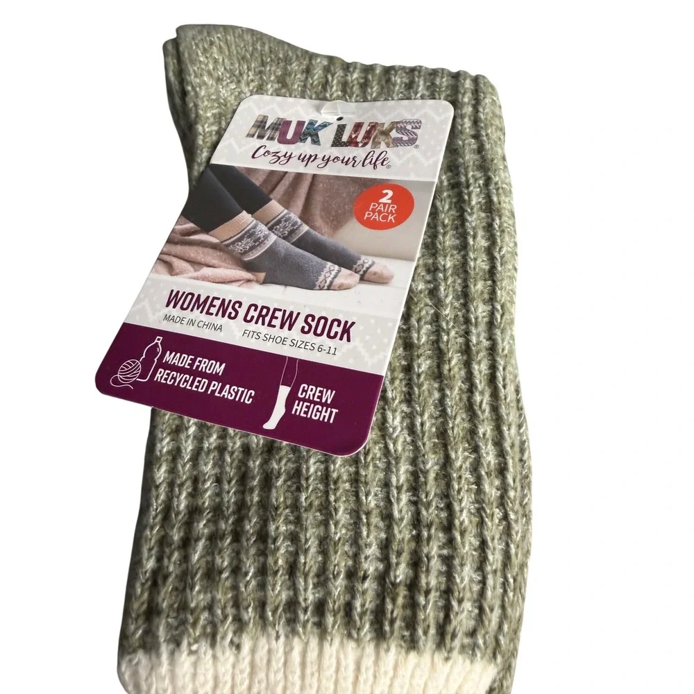Muk Luks Womens Crew Socks 2 Pair‎ Pack Recycled Knit Green Grey Shoe Size 6-11